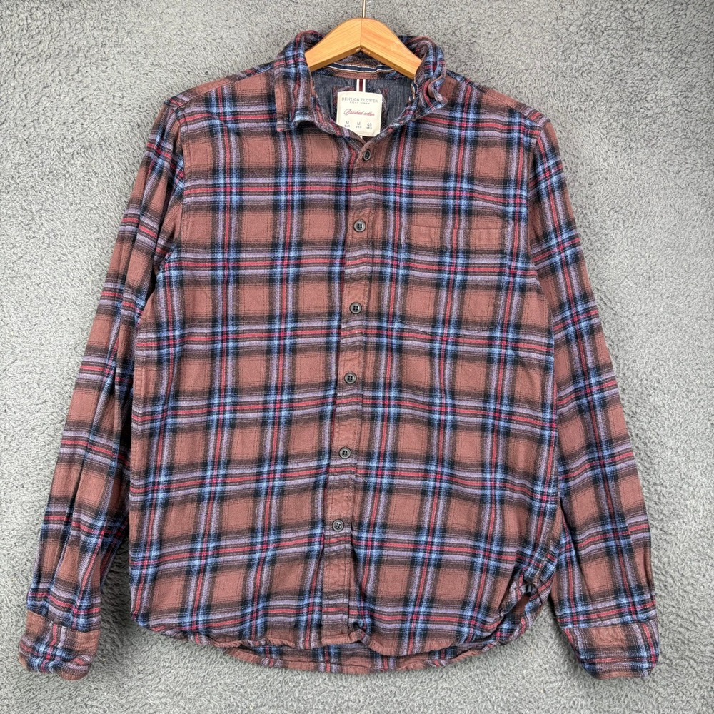 Denim & Flower Ricky Singh Mens Medium Brown‎ Blue Plaid Brushed Cotton Shirt